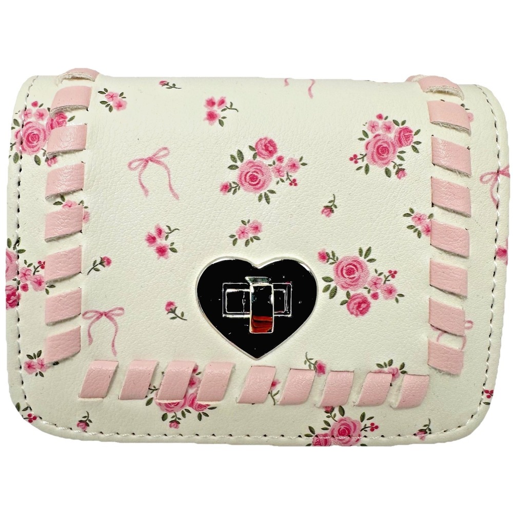 Madden Girl Floral Bow Wallet White Pink Turn Lock Small Wallet Coquette‎ NWT